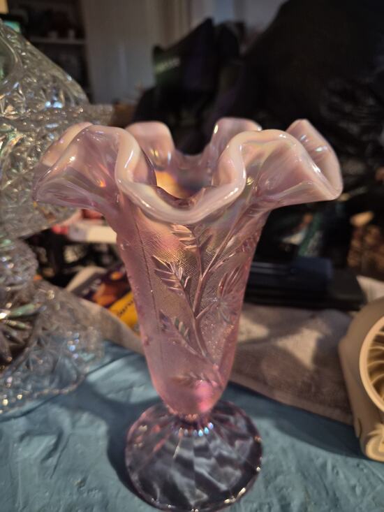 Fenton Other - Vintage Fenton Art Glass Vase Pink iridescenc trumpet Vase with A...